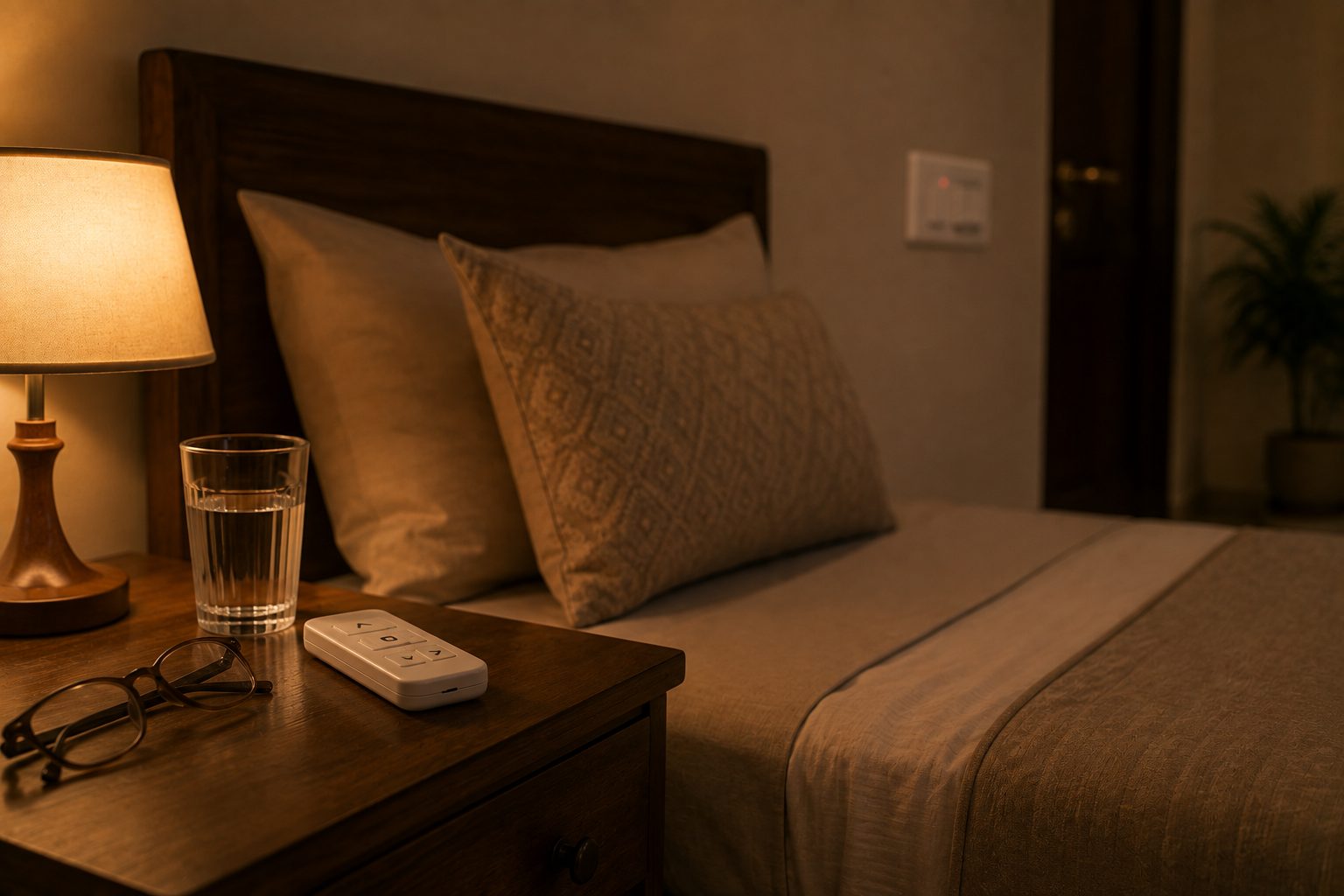 A bedside table at night with a simple large-button handset beside a glass of water and reading glasses, an ordinary wall switch still in place by the door beyond.