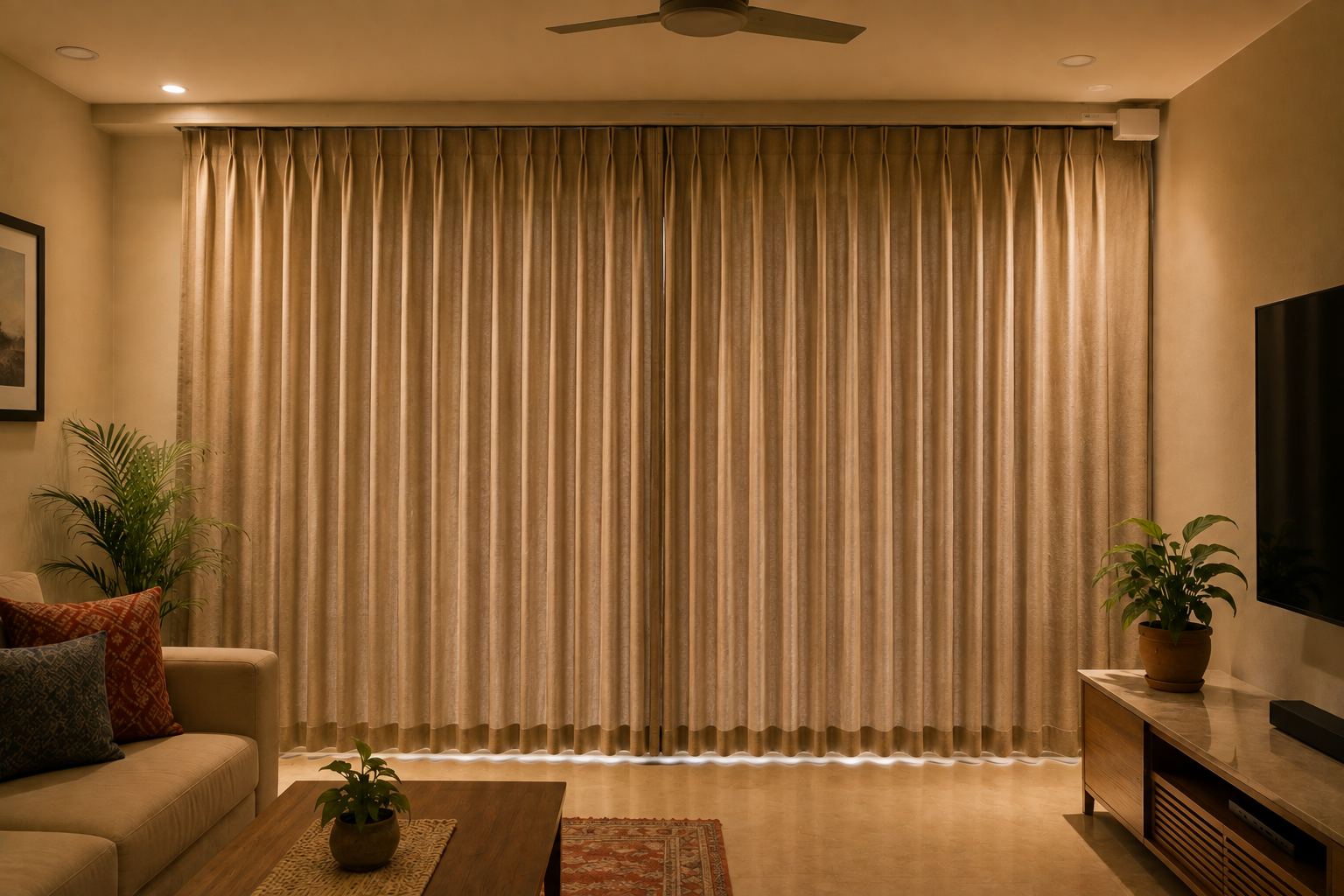 A living room with the curtains drawn across a wide window in even folds, lit by warm interior light.