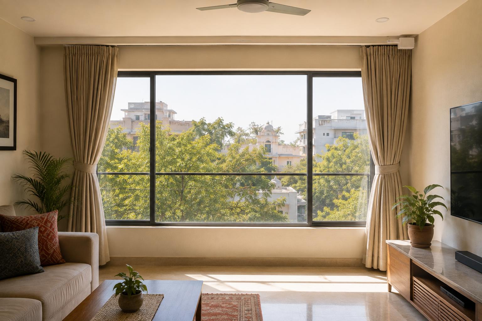 A living room with a wide window, curtains fully open and tied back at both ends, bright daylight filling the room. A slim motorised track runs below the ceiling with the motor housing visible at one end.