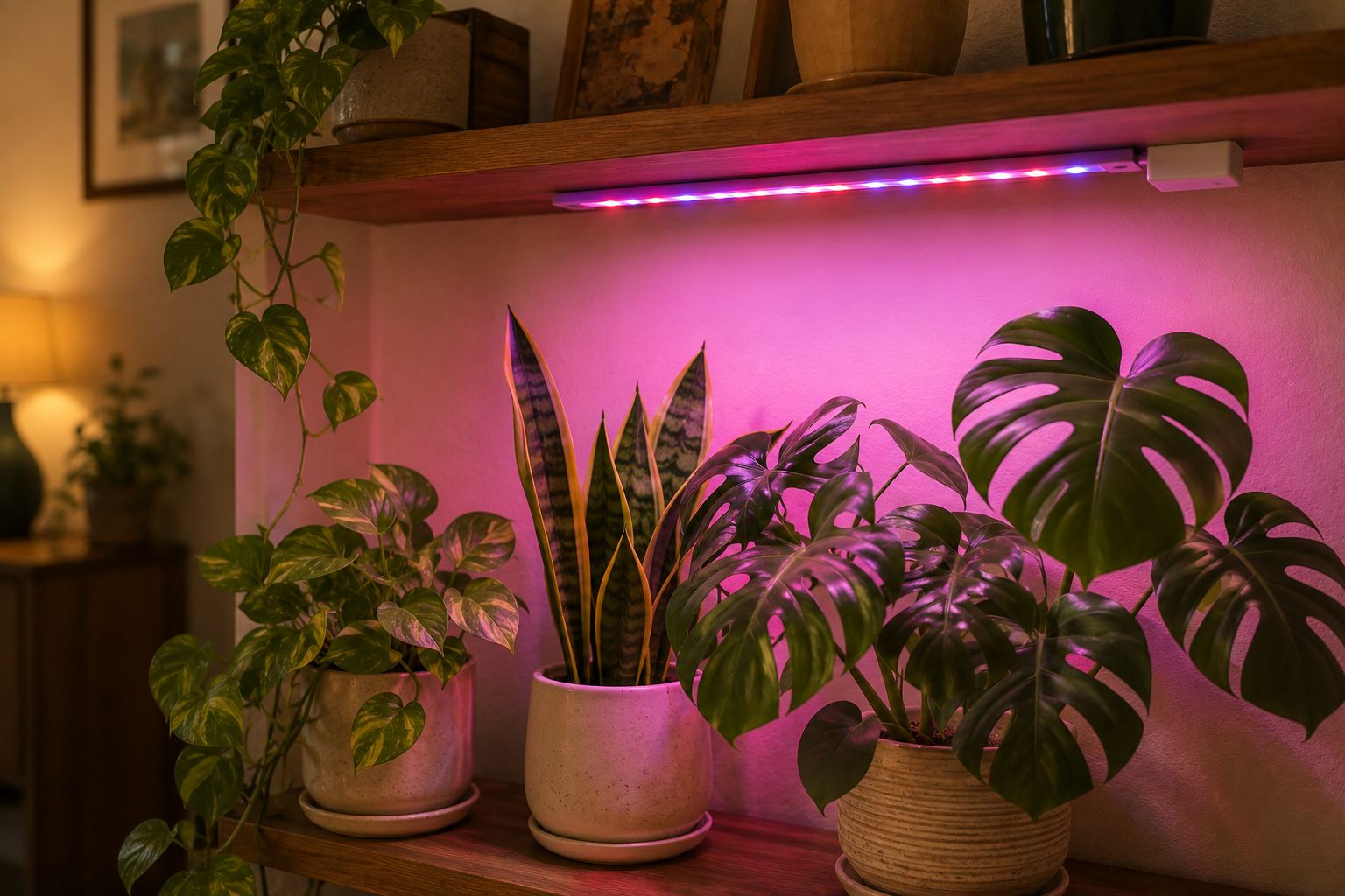 A slim LED grow light bar fixed under a wooden shelf, casting a magenta glow over a pothos, a snake plant and a monstera in pots on the shelf below, with a warm table lamp further back in the room.