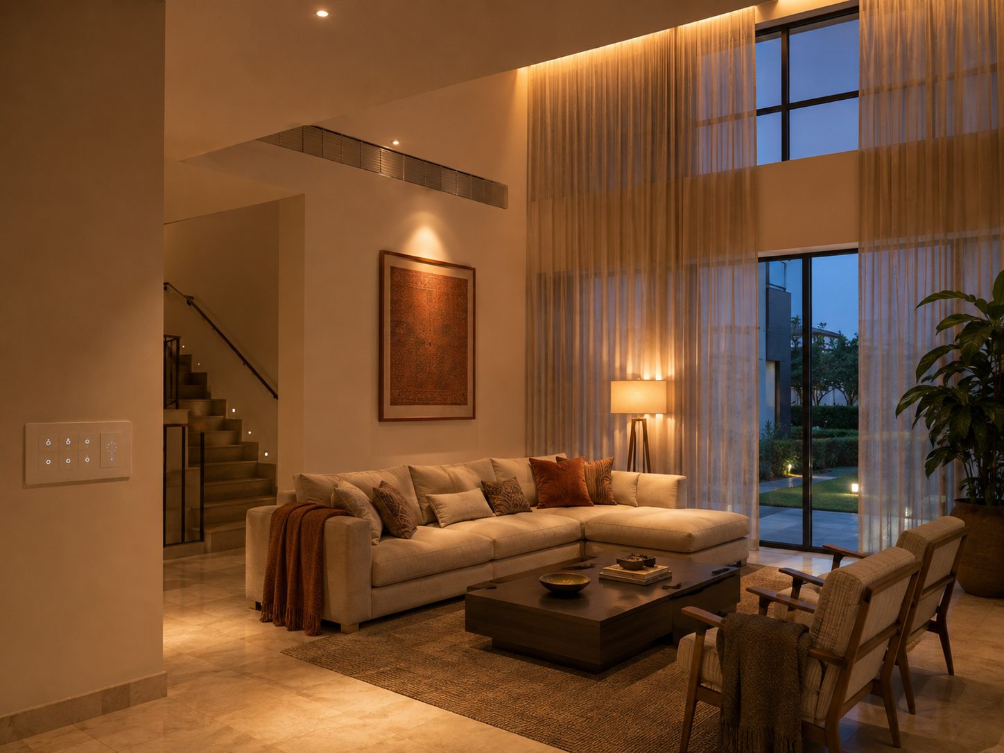 A double-height villa living room at dusk lit by warm concealed lighting, a lit staircase to one side and a white touch panel on the near wall.