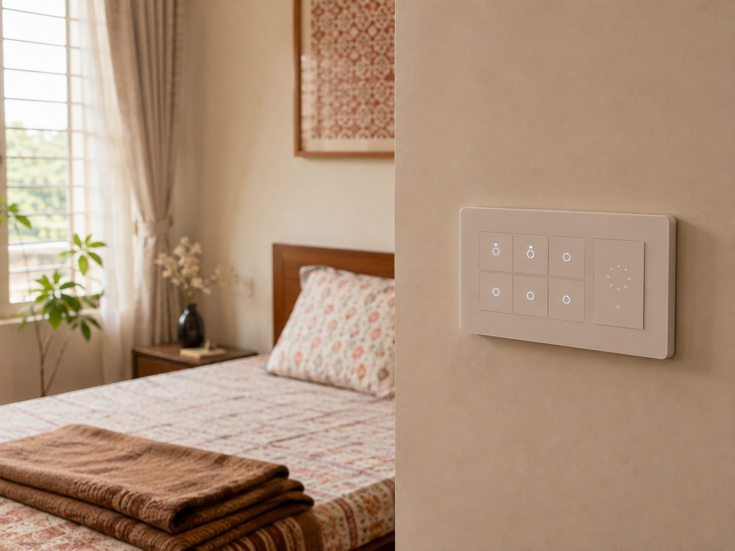A white smart touch panel with six backlit buttons on a bedroom wall, the bed, a curtained window and a plant softly out of focus behind it.