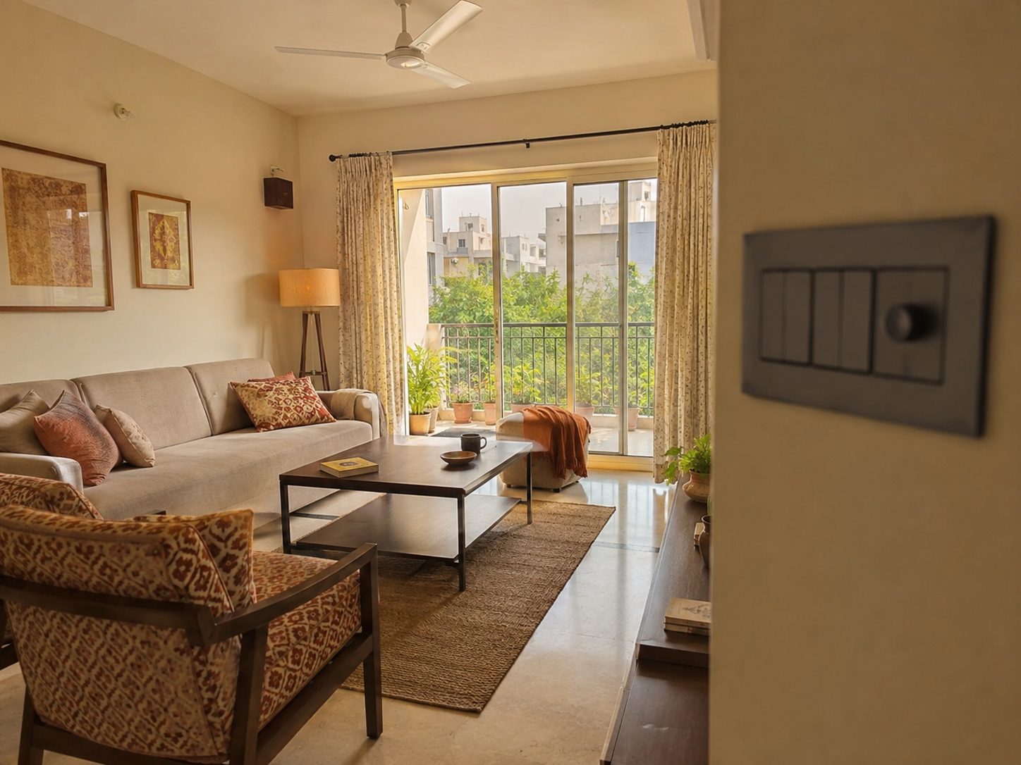A living room with a sofa, low table and a balcony beyond, a black modular switch plate on the wall in the near foreground.