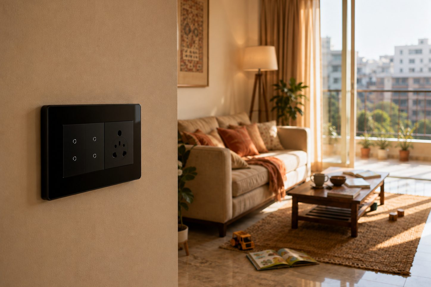 A black glass smart switch panel on the wall of a sunlit living room.