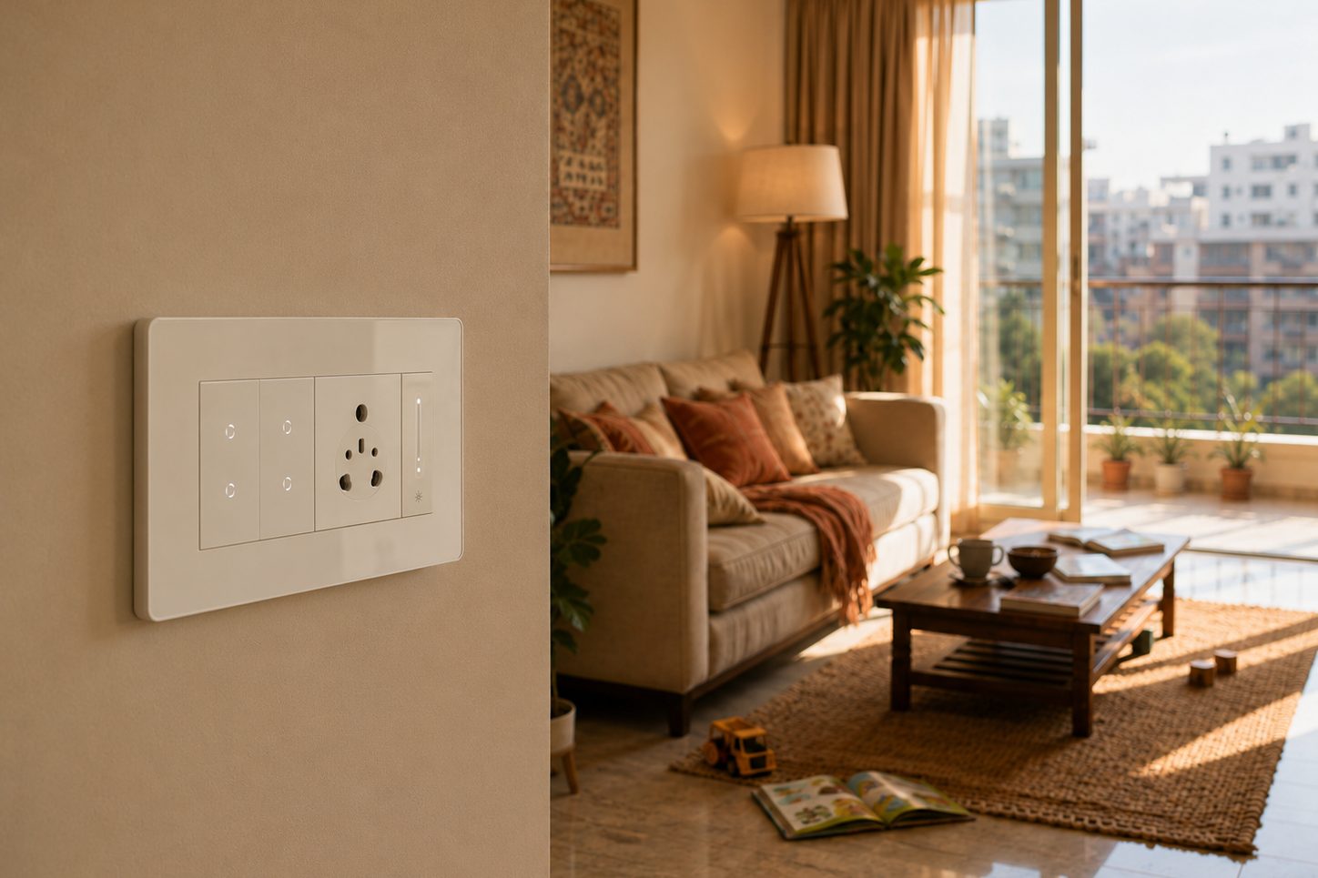 A white smart switch panel on the wall of a sunlit living room, fitted flush into an ordinary plate.