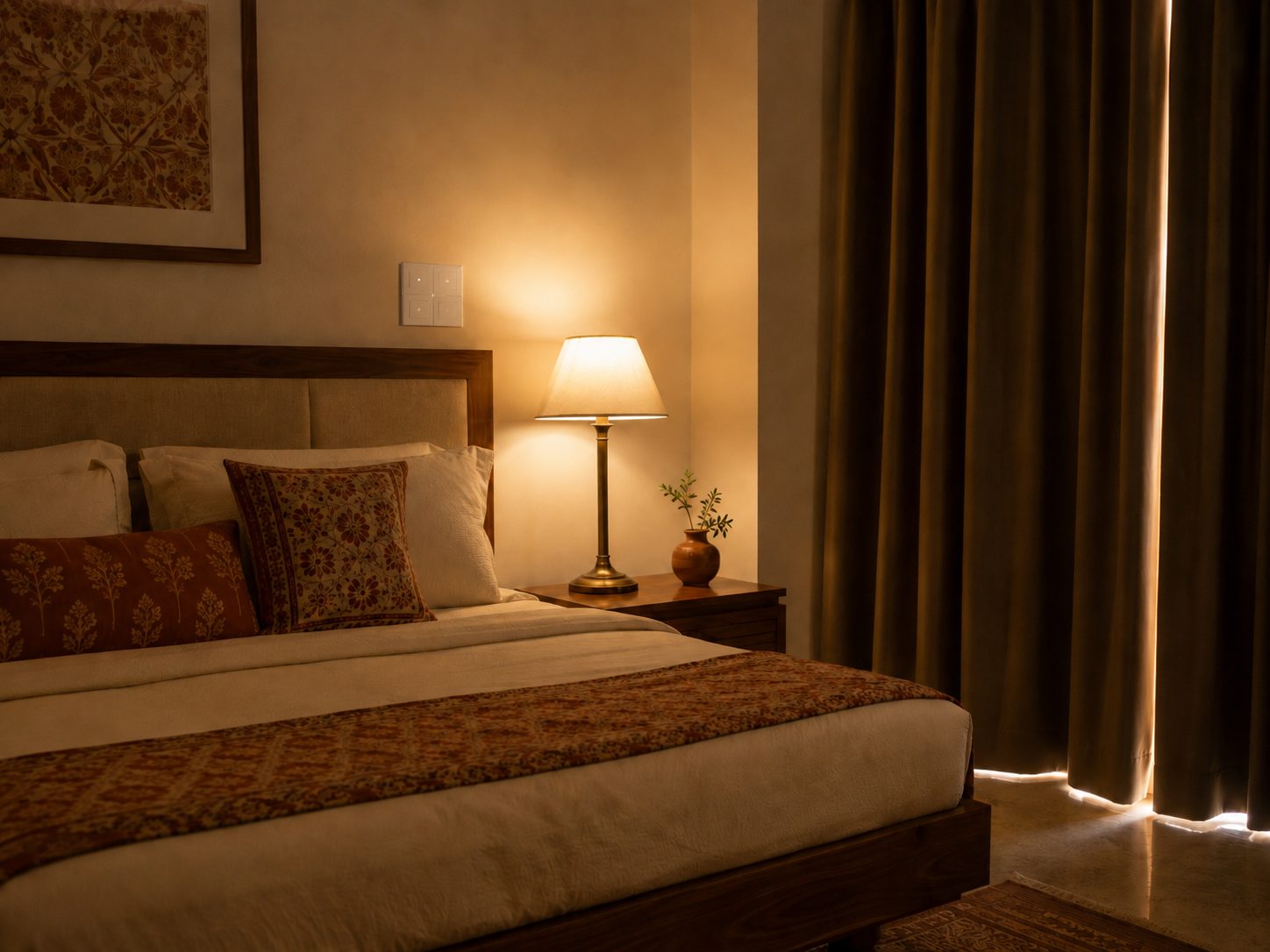 A bedroom at night lit by a single bedside lamp, with a small touch panel on the wall beside the headboard.