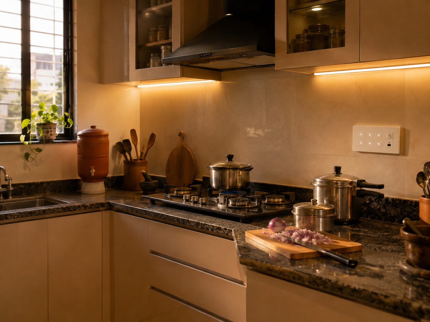 A kitchen with under-cabinet task lighting on above the counter.
