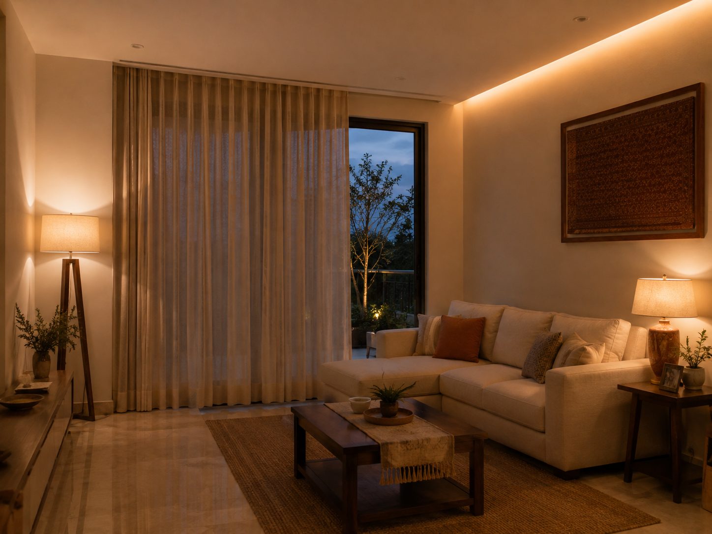 A living room in the evening with layered lighting, motorised curtains drawn part way and a floor lamp on.