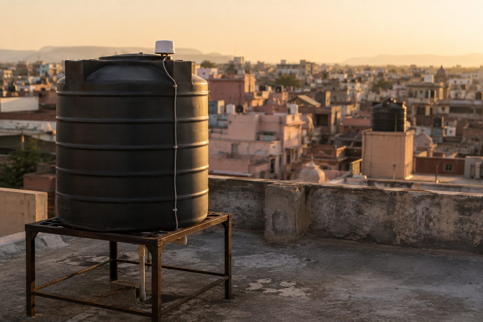 A black overhead water tank on a steel stand on a Jaipur rooftop at sunset, a small white level sensor fitted to its top.