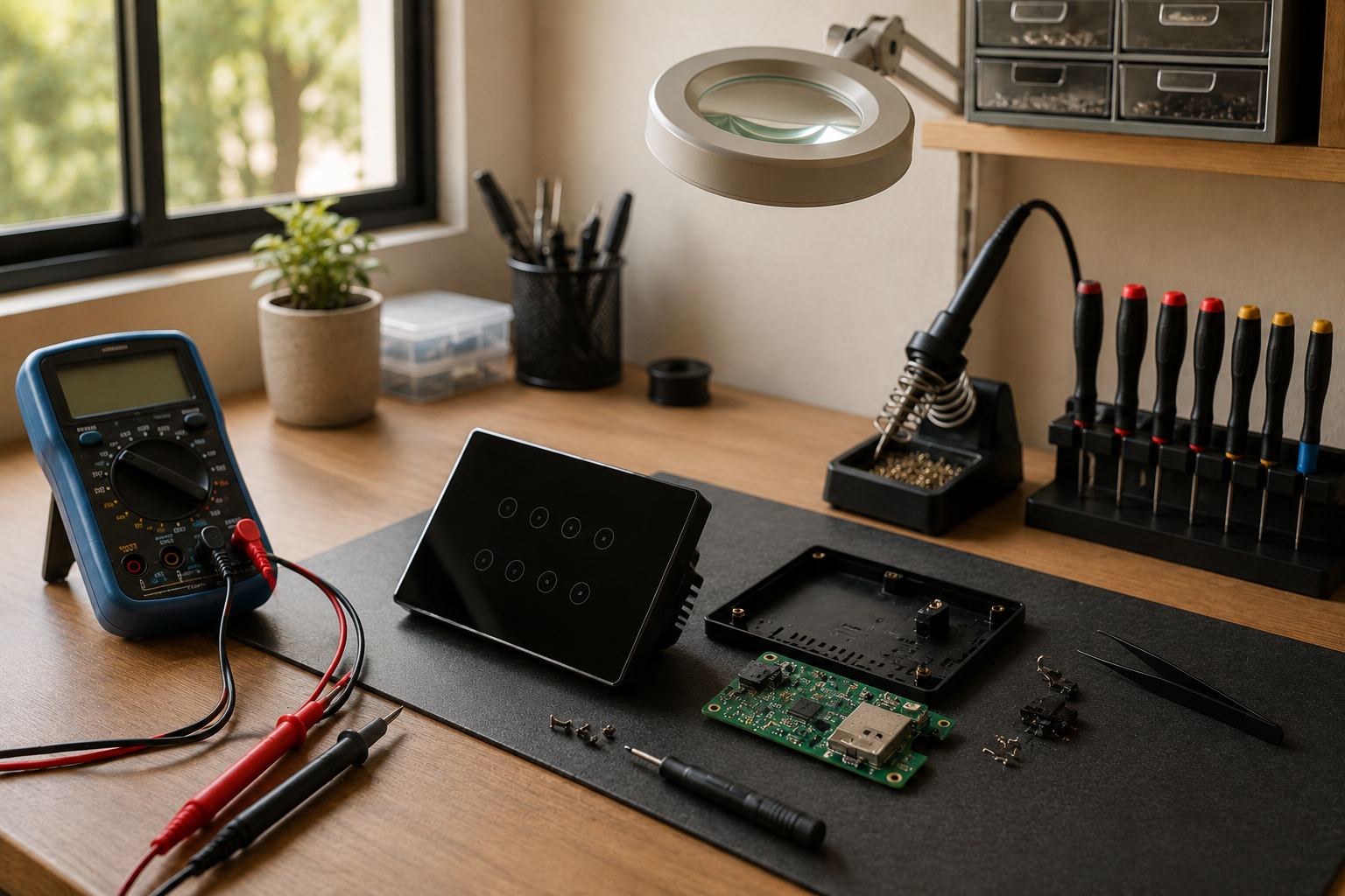 A repair bench with a black glass touch panel partly disassembled beside its circuit board, a multimeter, soldering iron and screwdrivers around it.