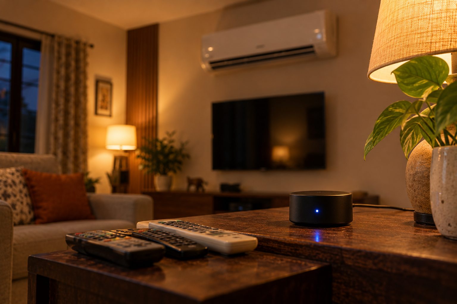 A small black IR blaster on a side table in a warmly lit living room, an air conditioner and television behind it and old handsets piled in front.