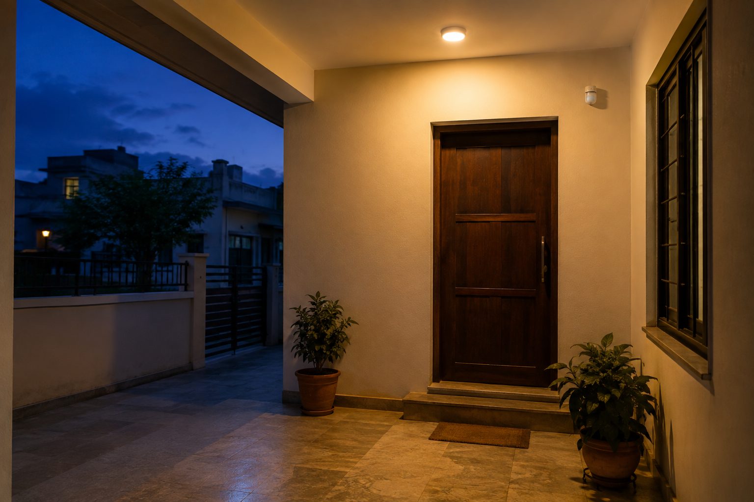 A covered porch at dusk with a warm ceiling light just switched on above the door and a small white motion sensor on the wall beside it.
