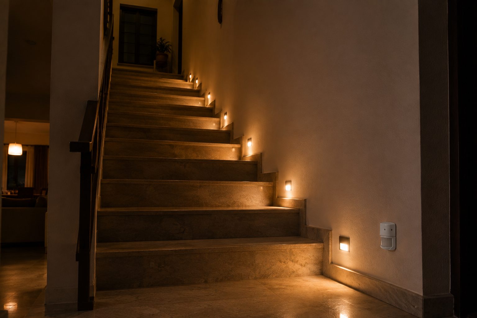 A staircase at night lit only by slim warm step lights recessed into the side wall at ankle height, each throwing a pool of light across its tread. A small sensor is visible on the wall at the foot of the flight. No ceiling light is on.