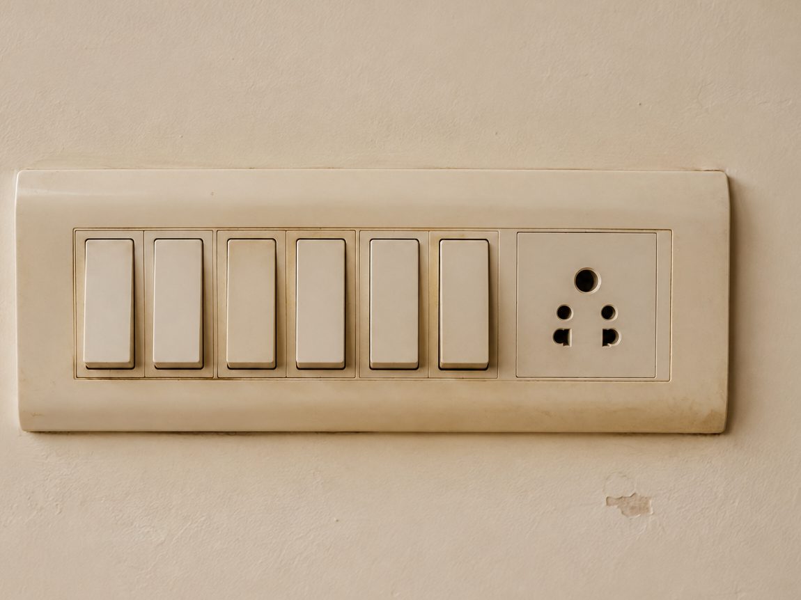 An older cream-coloured six-gang modular switch plate with a socket, fitted to a plain painted wall that has aged and marked slightly around it.