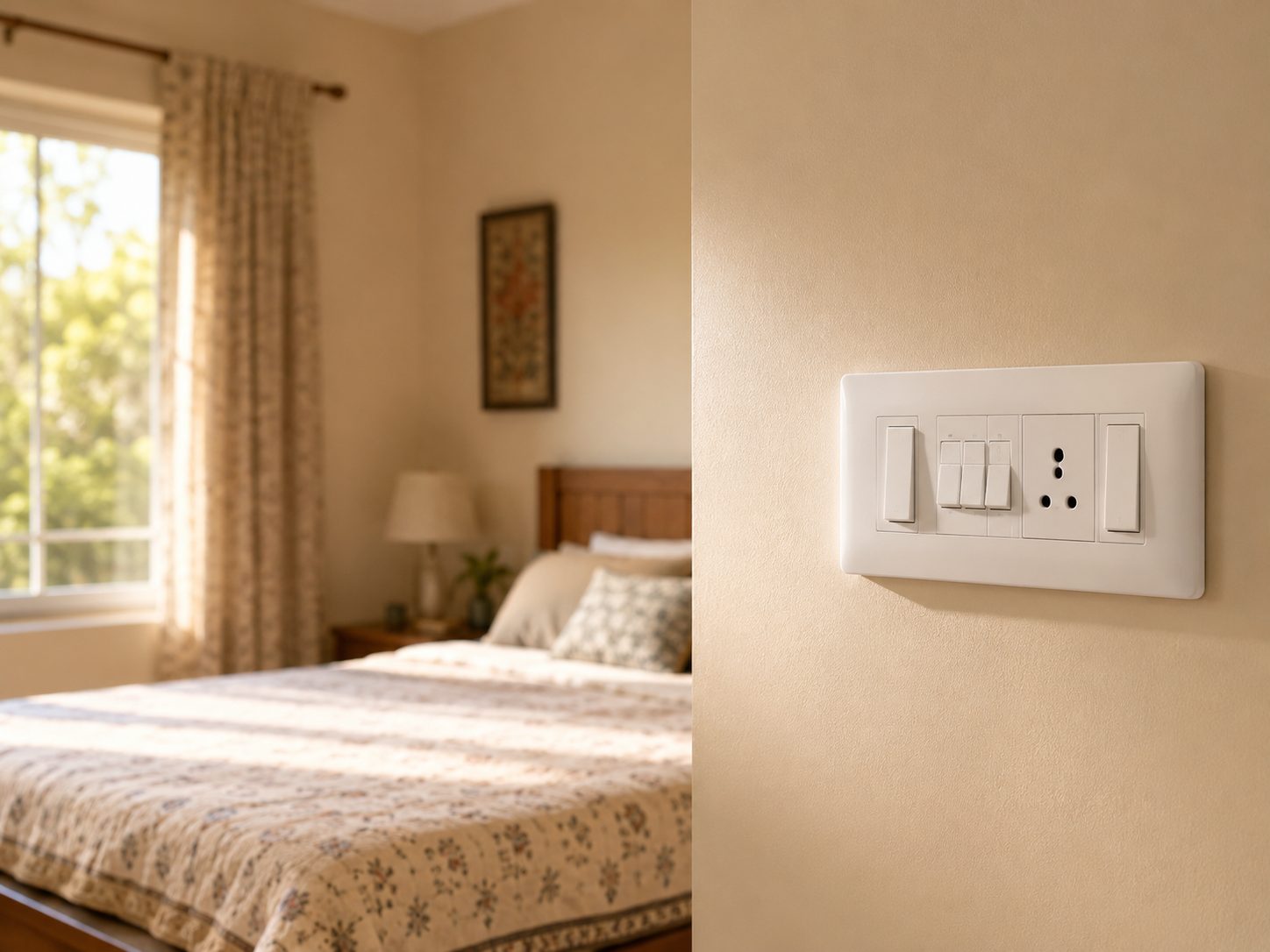 A white modular switch plate on a bedroom wall in warm morning light, with the bed, a curtained window and a bedside lamp softly out of focus behind it.